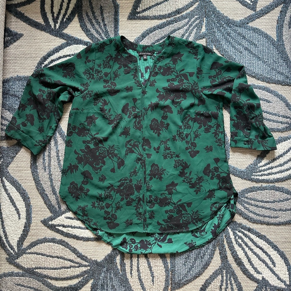 41 Hawthorn Women’s Emerald Green & Black Blouse Top Rolltab Sleeve - Picture 8 of 8